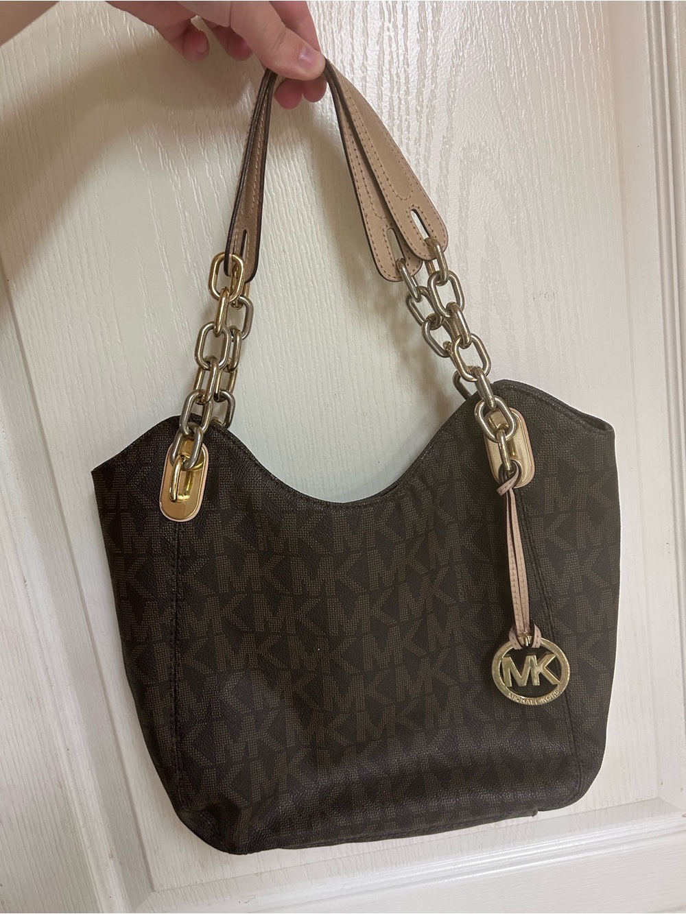 Michael Kors Dark Brown Logo Shoulder Bag with Gold Hardware
